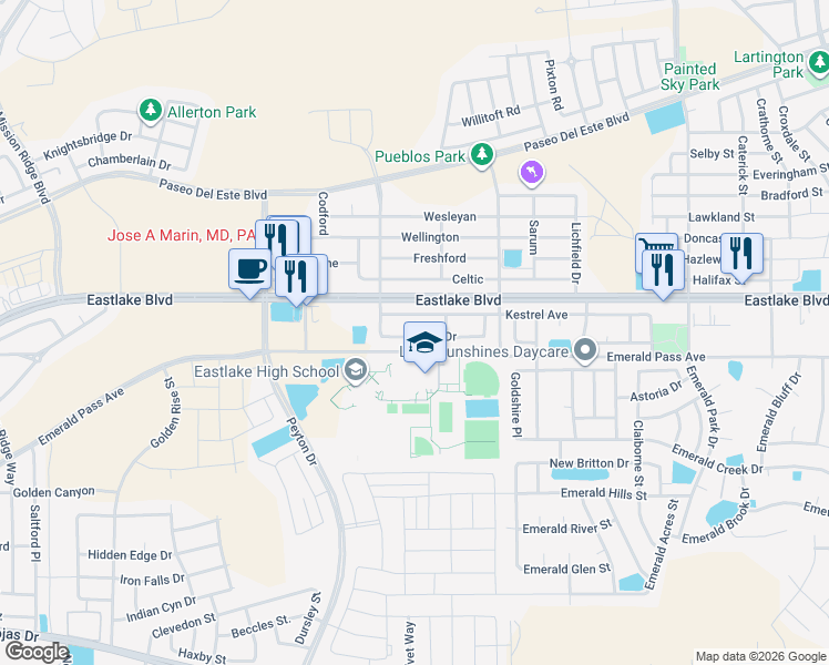 map of restaurants, bars, coffee shops, grocery stores, and more near 13147 Saker Drive in Horizon City