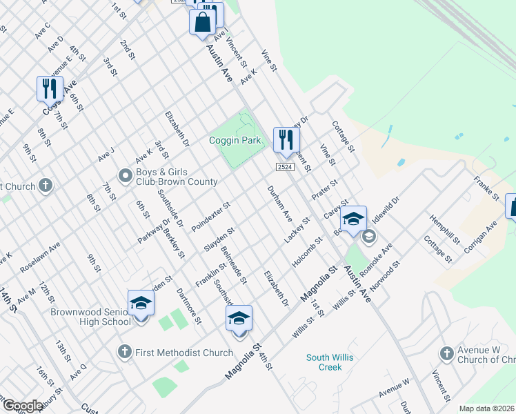 map of restaurants, bars, coffee shops, grocery stores, and more near 2402 1st Street in Brownwood