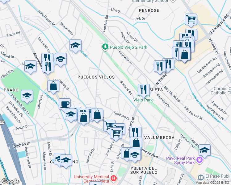 map of restaurants, bars, coffee shops, grocery stores, and more near 8878 Harding Way in El Paso