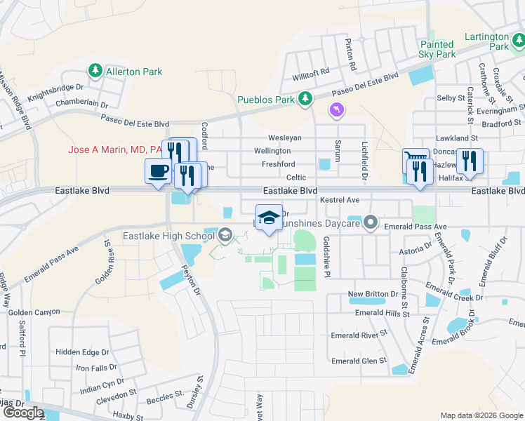 map of restaurants, bars, coffee shops, grocery stores, and more near 13147 Saker Drive in Horizon City