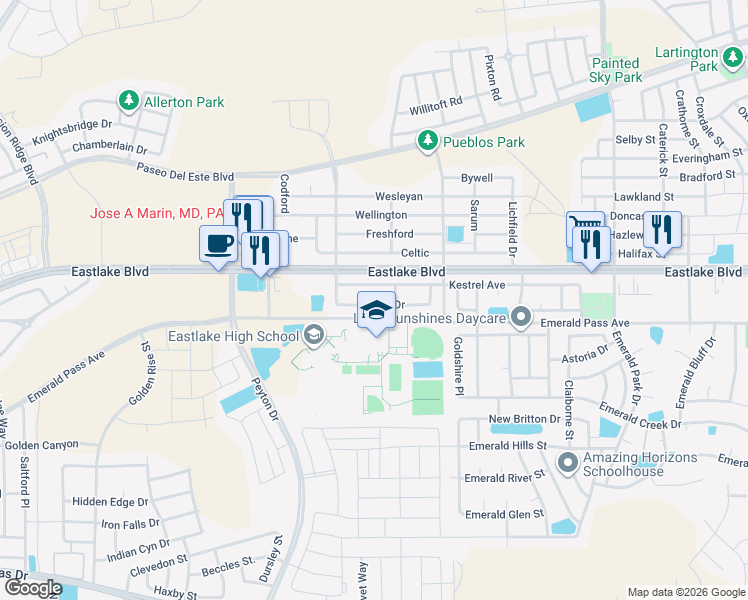 map of restaurants, bars, coffee shops, grocery stores, and more near 13147 Saker Drive in Horizon City