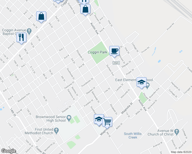 map of restaurants, bars, coffee shops, grocery stores, and more near 2300 Elizabeth Drive in Brownwood