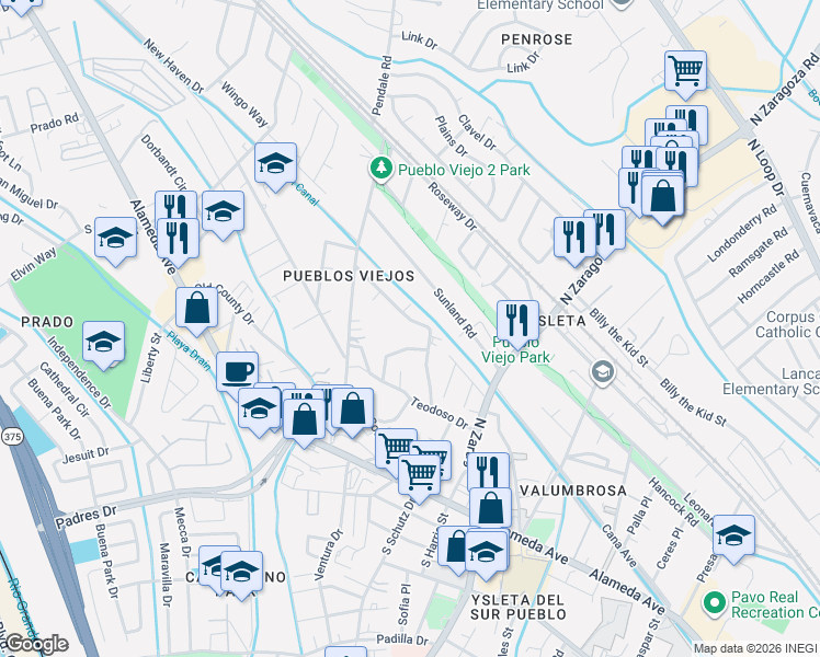 map of restaurants, bars, coffee shops, grocery stores, and more near 8878 Harding Way in El Paso