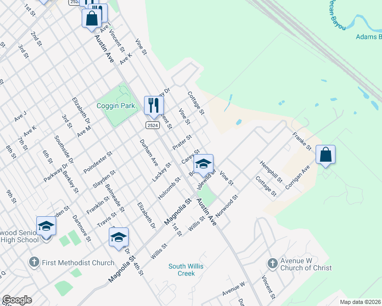 map of restaurants, bars, coffee shops, grocery stores, and more near 2512 Vincent Street in Brownwood