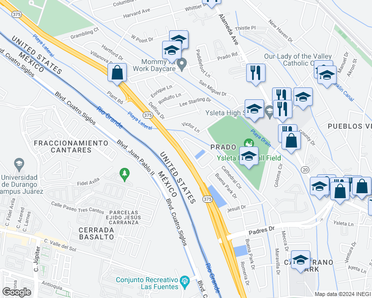 map of restaurants, bars, coffee shops, grocery stores, and more near 52 Adriana Court in El Paso