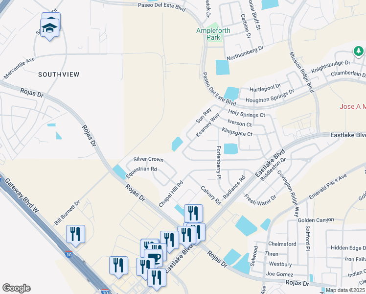 map of restaurants, bars, coffee shops, grocery stores, and more near 513 Kearney Way in El Paso