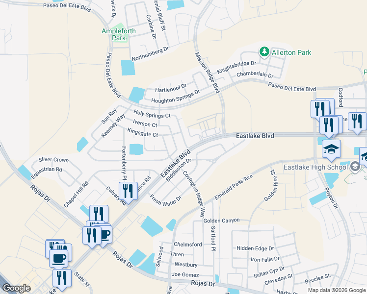 map of restaurants, bars, coffee shops, grocery stores, and more near 500 Centry Way in Horizon City