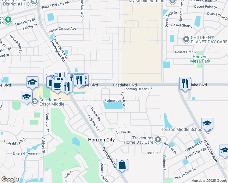 map of restaurants, bars, coffee shops, grocery stores, and more near 484 Horizon Heights Circle in Horizon City