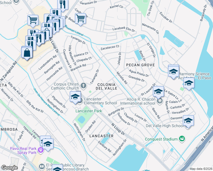 map of restaurants, bars, coffee shops, grocery stores, and more near 819 Mont Blanc Drive in El Paso