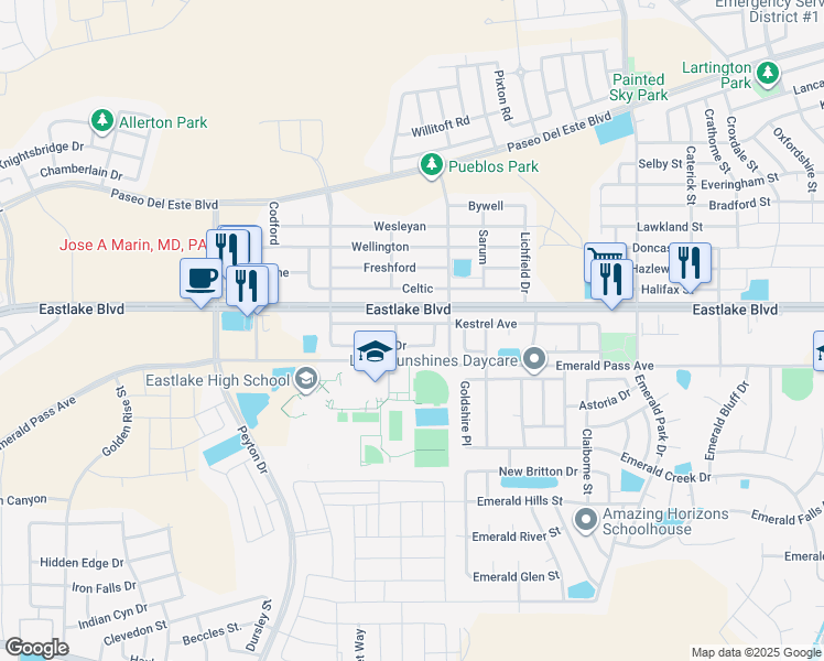 map of restaurants, bars, coffee shops, grocery stores, and more near 13167 Saker Drive in Horizon City