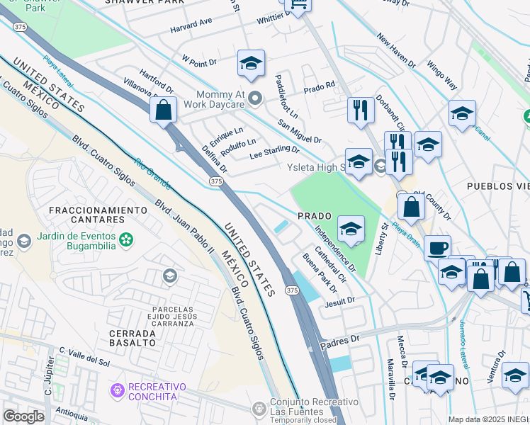 map of restaurants, bars, coffee shops, grocery stores, and more near 52 Adriana Court in El Paso