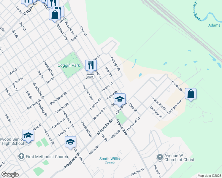 map of restaurants, bars, coffee shops, grocery stores, and more near 2512 Vincent Street in Brownwood