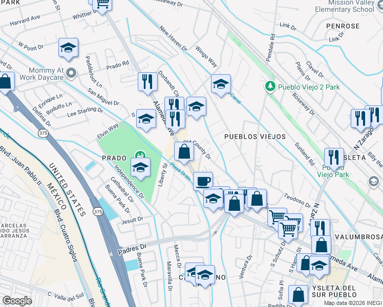 map of restaurants, bars, coffee shops, grocery stores, and more near 8705 Alameda Avenue in El Paso