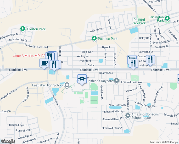 map of restaurants, bars, coffee shops, grocery stores, and more near 13163 Kestrel in El Paso