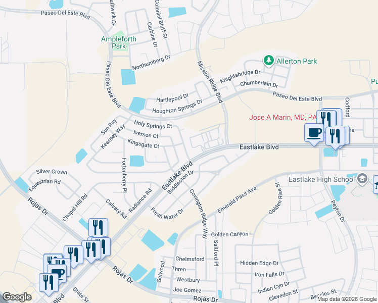 map of restaurants, bars, coffee shops, grocery stores, and more near 537 Northwyck Way in El Paso