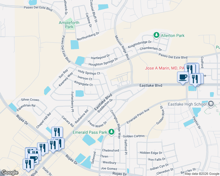 map of restaurants, bars, coffee shops, grocery stores, and more near 537 Northwyck Way in El Paso