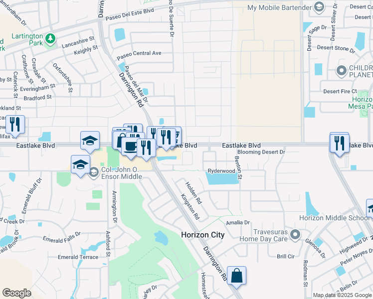 map of restaurants, bars, coffee shops, grocery stores, and more near 501 Cedarwood Avenue in Horizon City