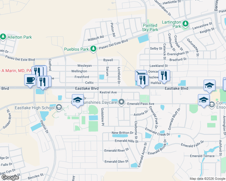 map of restaurants, bars, coffee shops, grocery stores, and more near 13216 Celtic in El Paso