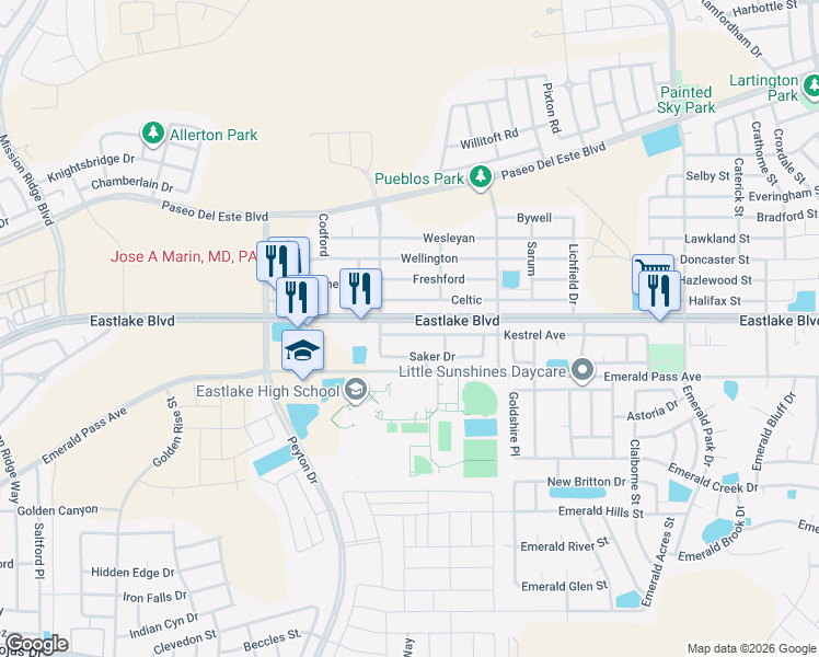 map of restaurants, bars, coffee shops, grocery stores, and more near 13136 Celtic Drive in El Paso