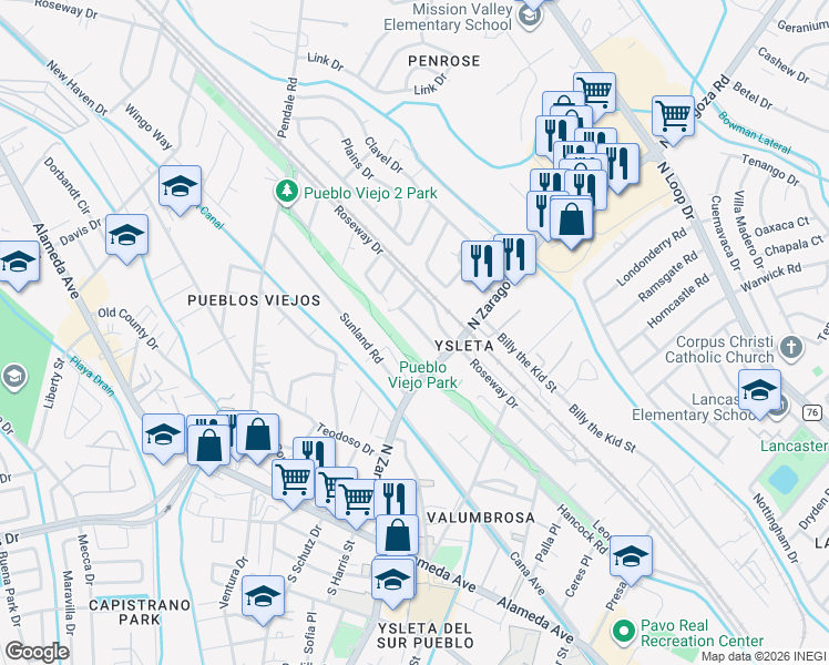 map of restaurants, bars, coffee shops, grocery stores, and more near 8904 Otyokwa Way in El Paso