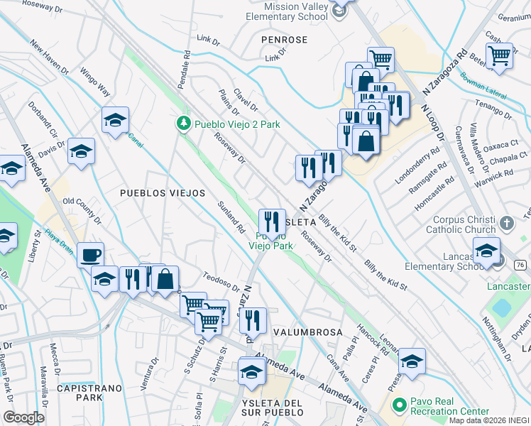 map of restaurants, bars, coffee shops, grocery stores, and more near 8904 Otyokwa Way in El Paso