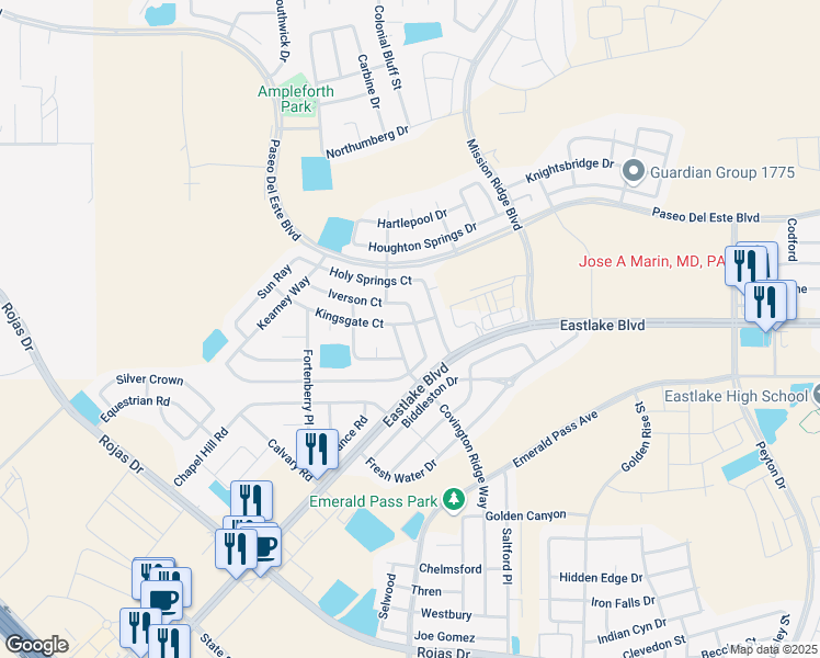 map of restaurants, bars, coffee shops, grocery stores, and more near 525 Gentry Way in El Paso
