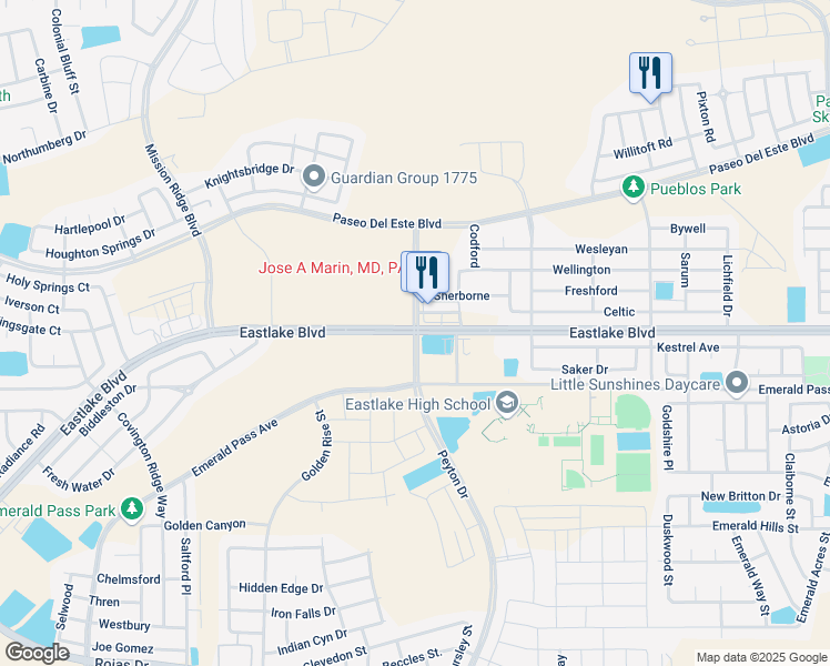 map of restaurants, bars, coffee shops, grocery stores, and more near Eastlake Boulevard in El Paso