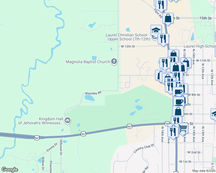 map of restaurants, bars, coffee shops, grocery stores, and more near 72 Wansley Road in Laurel