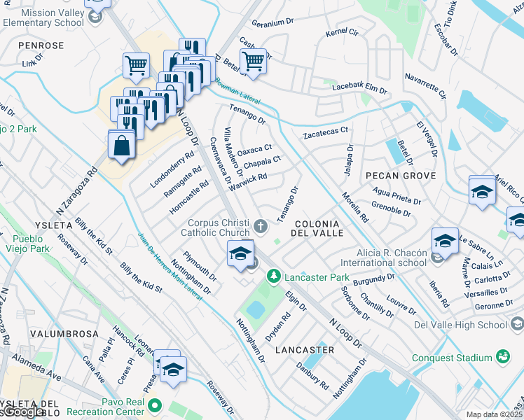 map of restaurants, bars, coffee shops, grocery stores, and more near 801 Linares Lane in El Paso