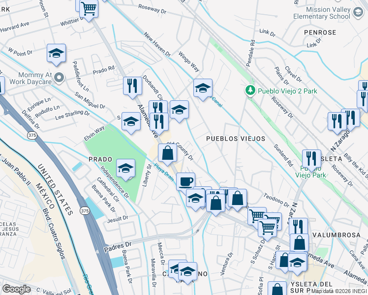 map of restaurants, bars, coffee shops, grocery stores, and more near 8719 Old County Drive in El Paso