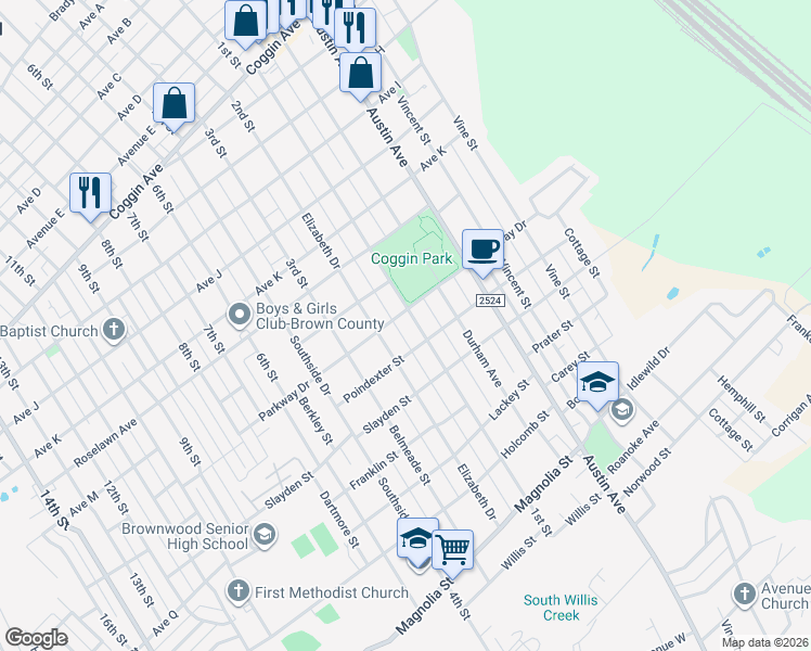 map of restaurants, bars, coffee shops, grocery stores, and more near 2204 1st Street in Brownwood