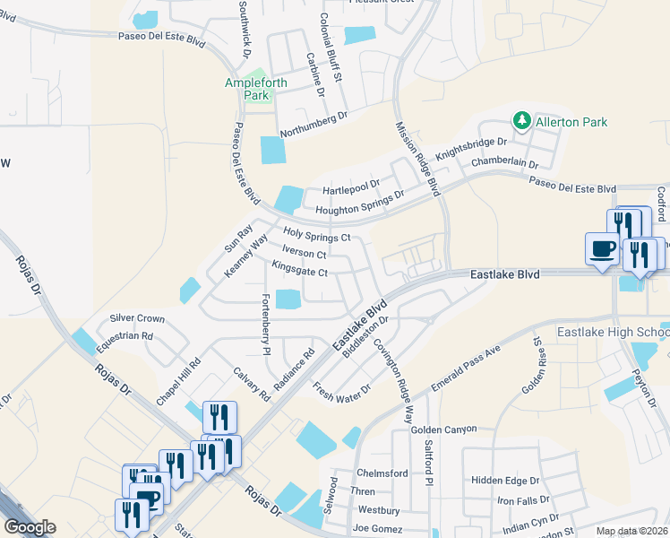 map of restaurants, bars, coffee shops, grocery stores, and more near 12289 Kingsgate Court in El Paso
