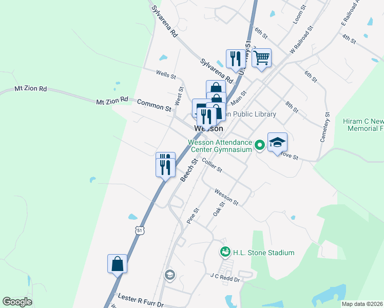 map of restaurants, bars, coffee shops, grocery stores, and more near 1079 Beech Street in Wesson
