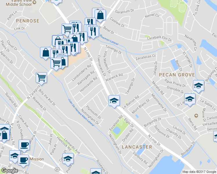 map of restaurants, bars, coffee shops, grocery stores, and more near 9152 Cuernavaca Drive in El Paso