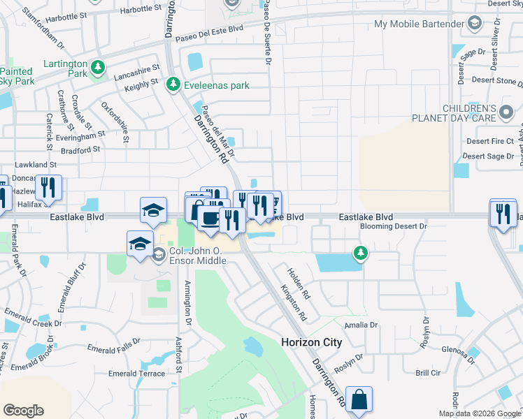 map of restaurants, bars, coffee shops, grocery stores, and more near 13712 Paseo De Fe Circle in Horizon City