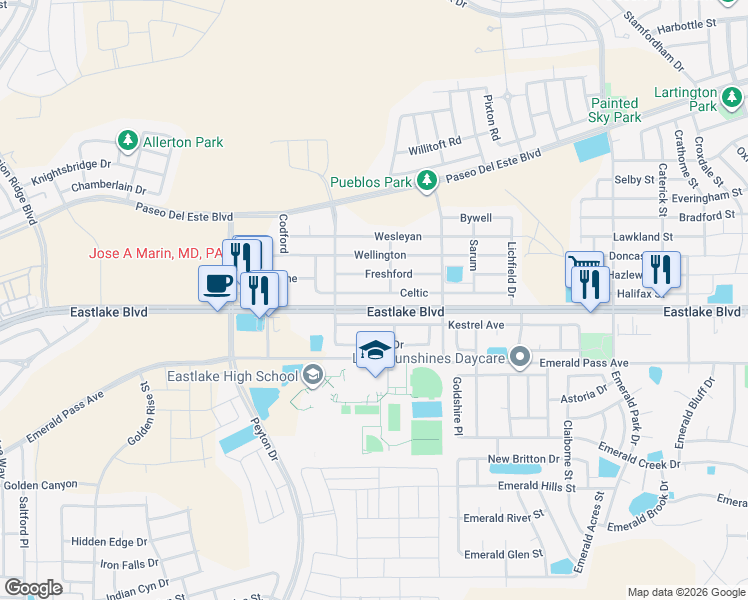 map of restaurants, bars, coffee shops, grocery stores, and more near 13136 Celtic Drive in El Paso