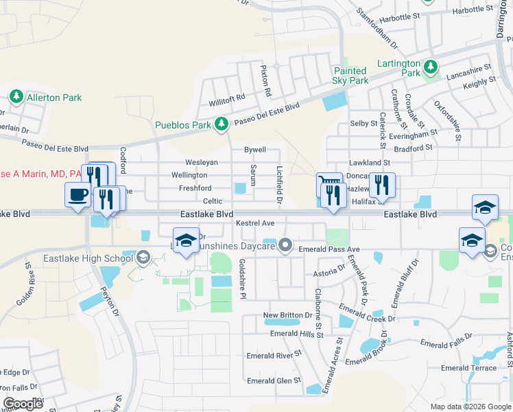 map of restaurants, bars, coffee shops, grocery stores, and more near 13216 Celtic in El Paso