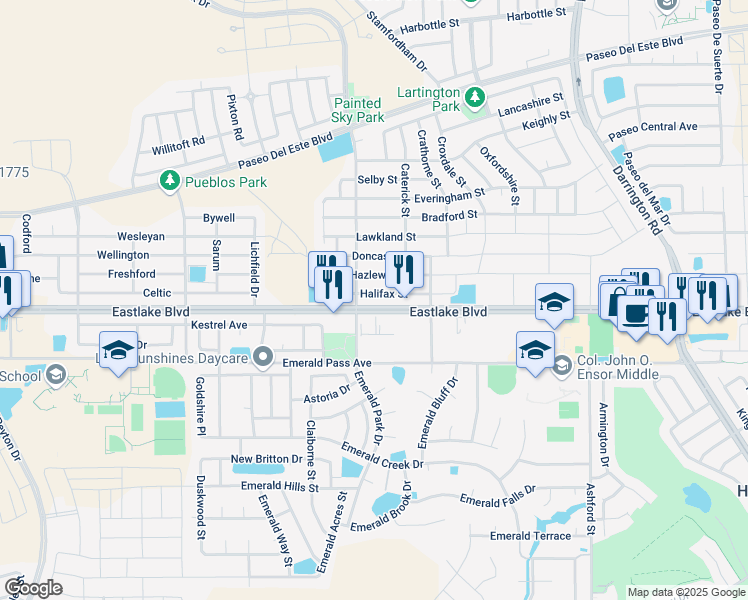 map of restaurants, bars, coffee shops, grocery stores, and more near 13470 Halifax in El Paso