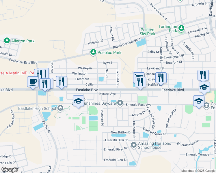 map of restaurants, bars, coffee shops, grocery stores, and more near 13216 Celtic in El Paso
