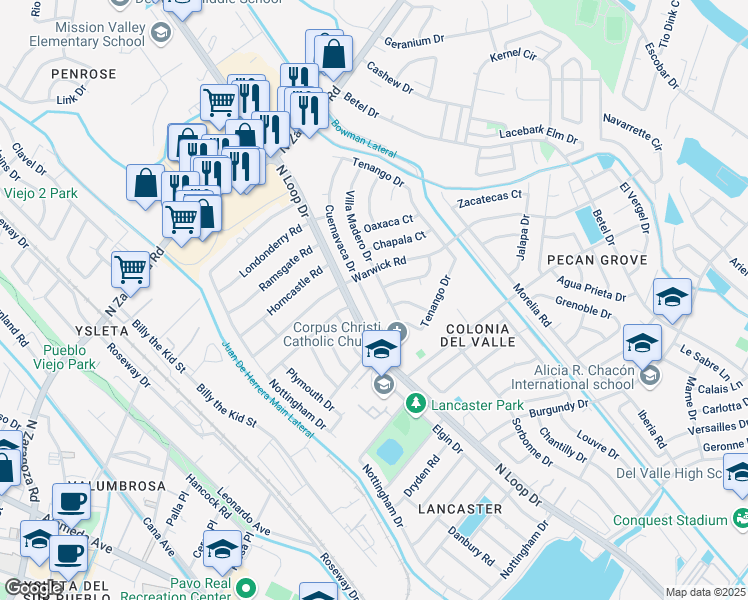 map of restaurants, bars, coffee shops, grocery stores, and more near 9152 Cuernavaca Drive in El Paso