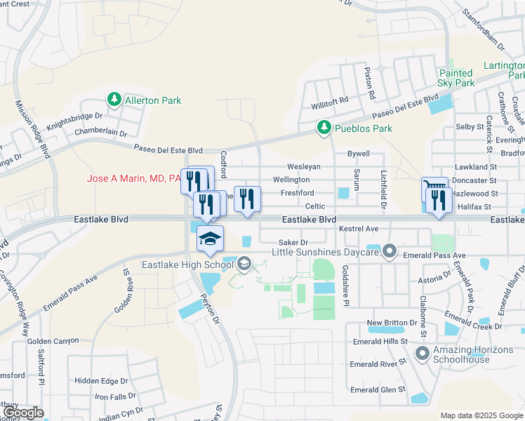 map of restaurants, bars, coffee shops, grocery stores, and more near 13100 Celtic in El Paso