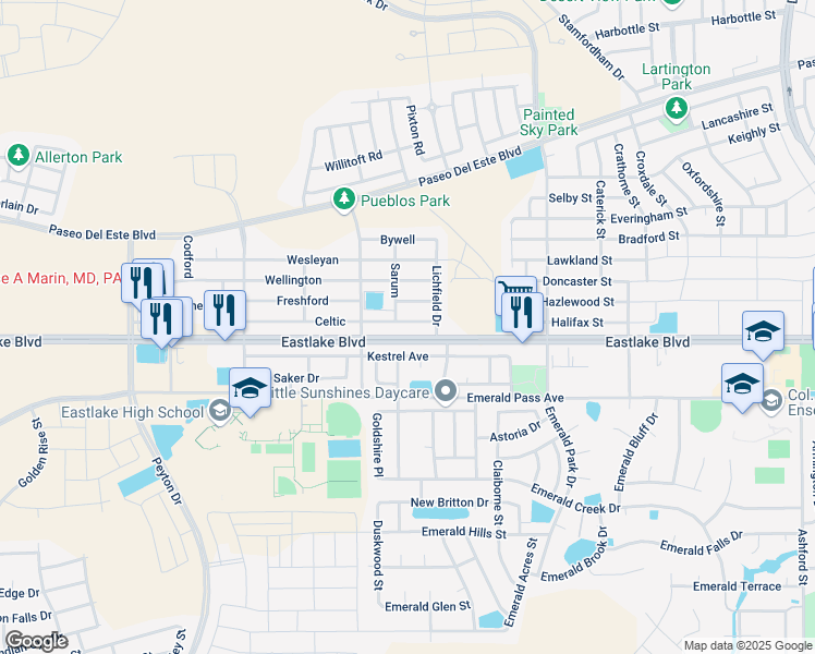 map of restaurants, bars, coffee shops, grocery stores, and more near 13220 Celtic in El Paso
