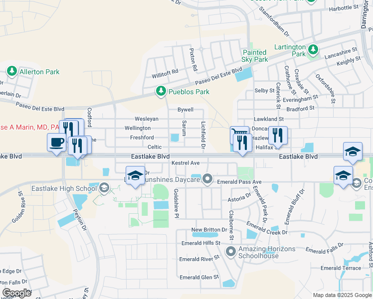map of restaurants, bars, coffee shops, grocery stores, and more near 13216 Celtic in El Paso