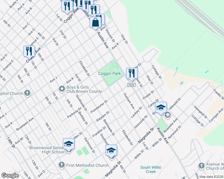 map of restaurants, bars, coffee shops, grocery stores, and more near 2204 1st Street in Brownwood