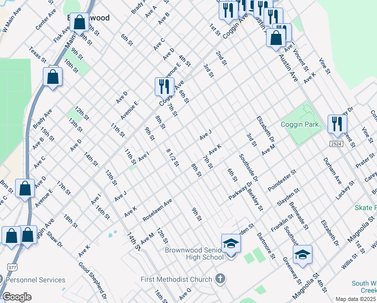 map of restaurants, bars, coffee shops, grocery stores, and more near 1802 8th Street in Brownwood