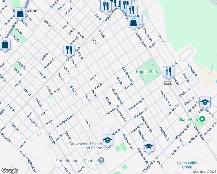 map of restaurants, bars, coffee shops, grocery stores, and more near 1909 4th Street in Brownwood