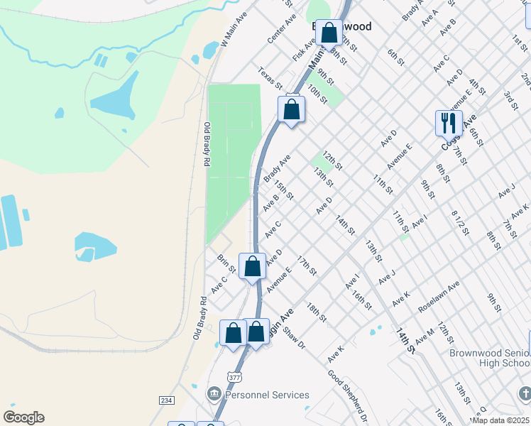 map of restaurants, bars, coffee shops, grocery stores, and more near 2806 Avenue B in Brownwood