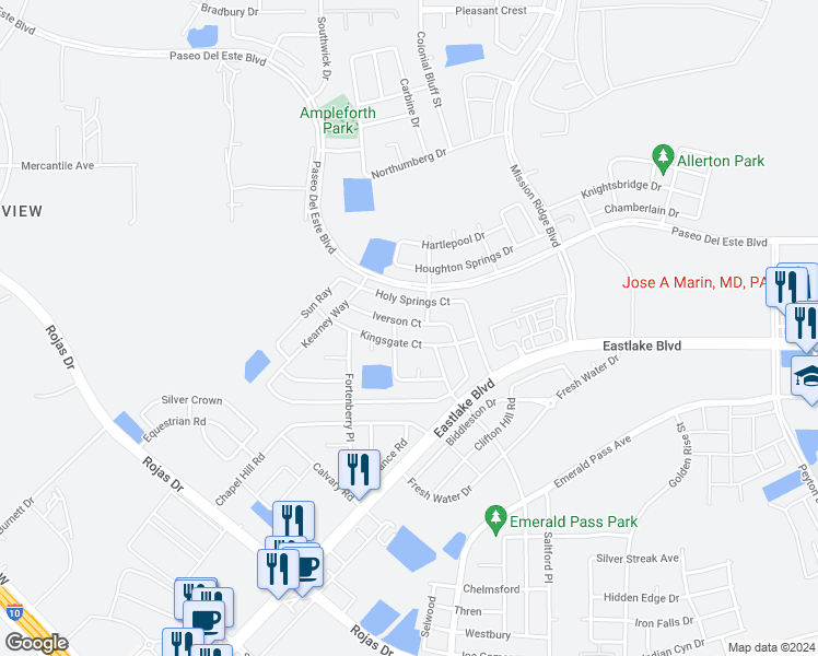 map of restaurants, bars, coffee shops, grocery stores, and more near 12256 Iverson Court in El Paso