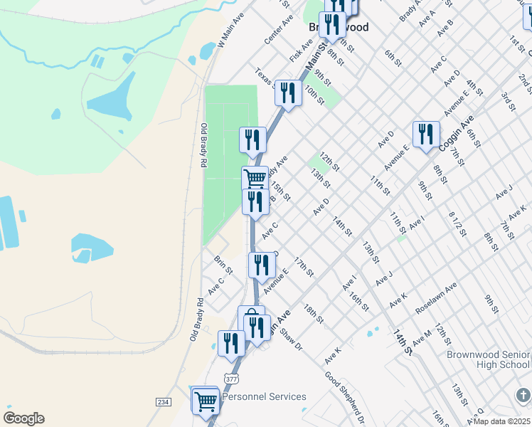 map of restaurants, bars, coffee shops, grocery stores, and more near 2806 Avenue B in Brownwood