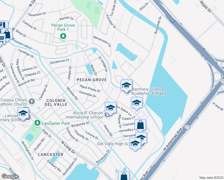 map of restaurants, bars, coffee shops, grocery stores, and more near St Laurent Dr in El Paso